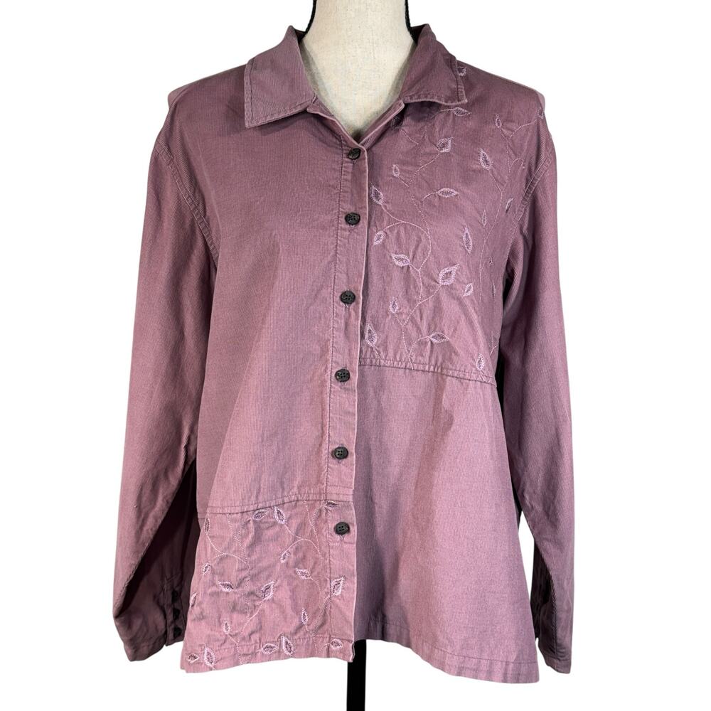 J. Jill Large Corduroy Top Floral Embroidery Button-Up Long Sleeve Stretch Slits